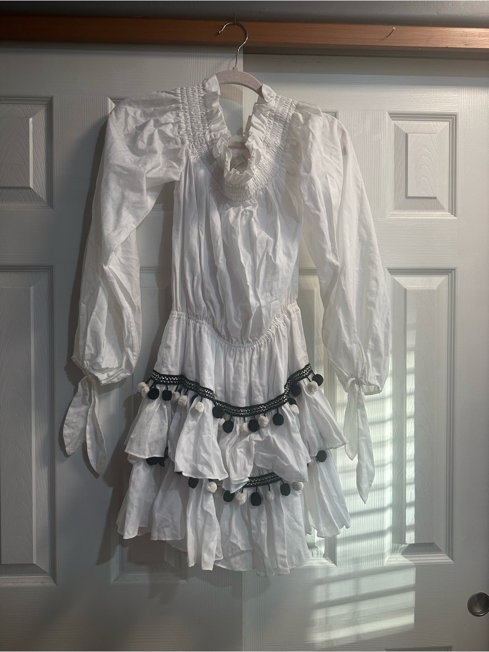 Caroline Constas White Mini Dress with Black Pom Trim